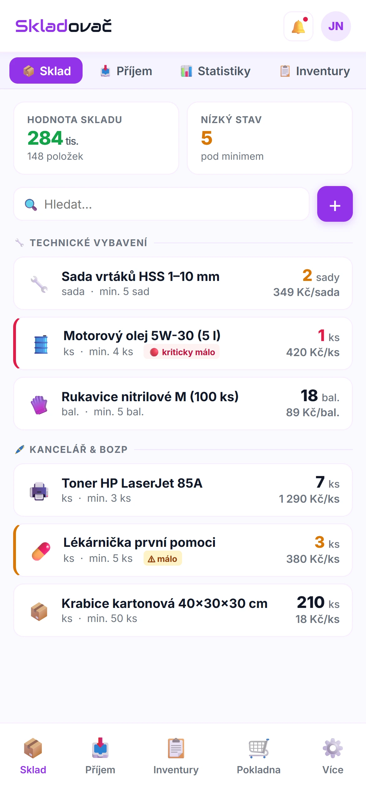 Skladovač — mobilní přehled skladu